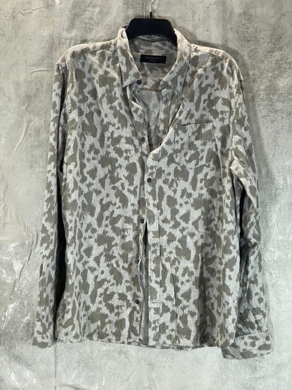 ALLSAINTS Men's Gray Montaud Printed Slim-Fit Button-Up Long Sleeve Shirt SZ 2XL